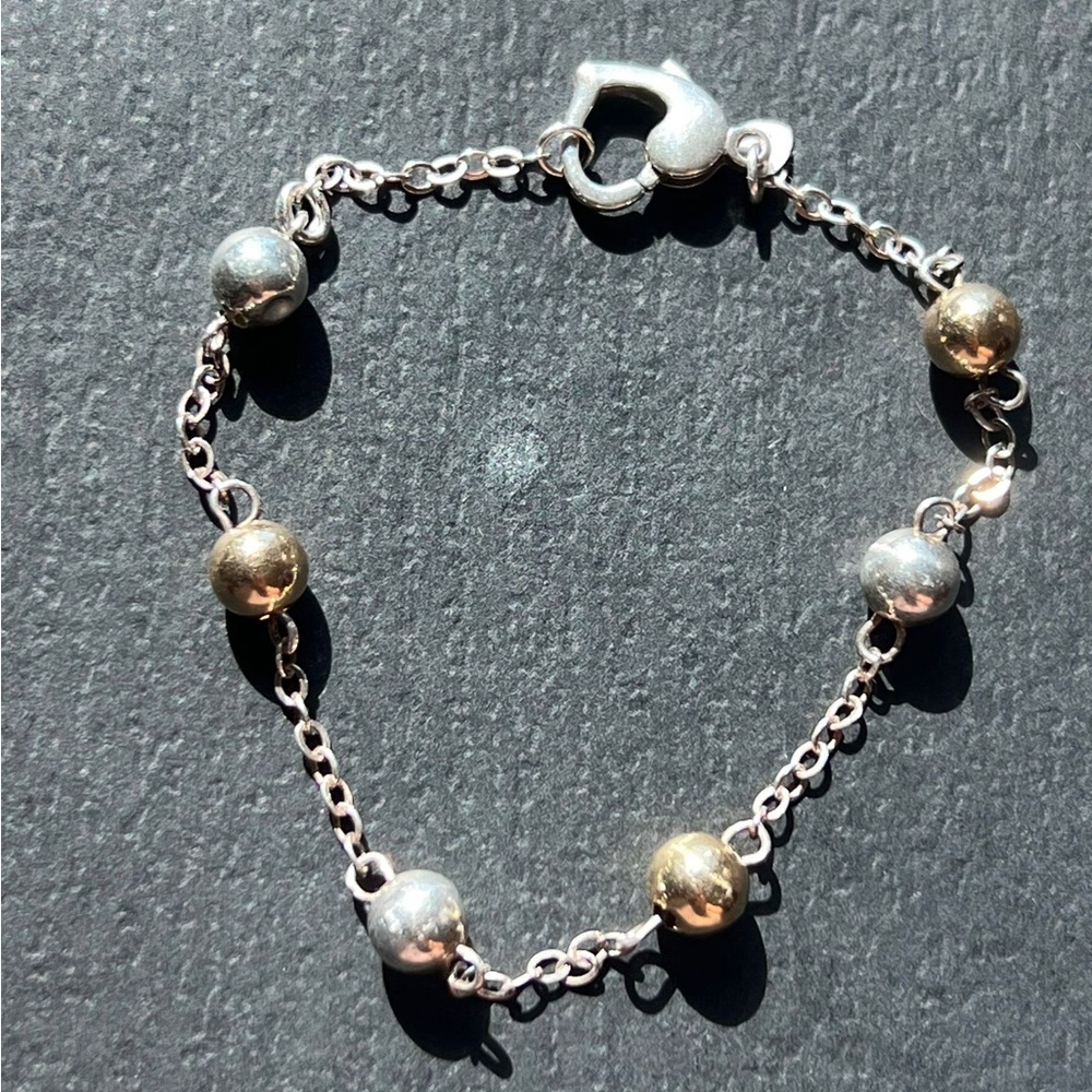 Silver 925 and 14k Gold Beaded Chain Bracelet with Fancy Heart Clasp